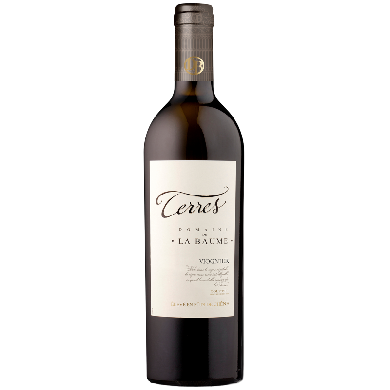 bouteille de vin blanc terres de la baume viognier pays d'oc élégant et aromatique