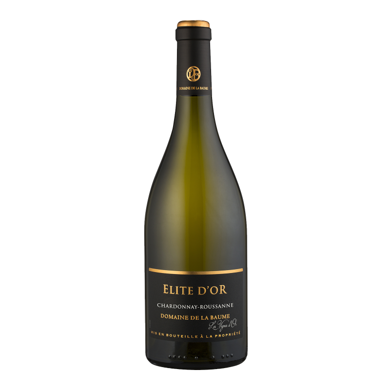 bouteille de vin blanc elite d'or chardonnay roussanne pays d'oc avec élevage en barriques