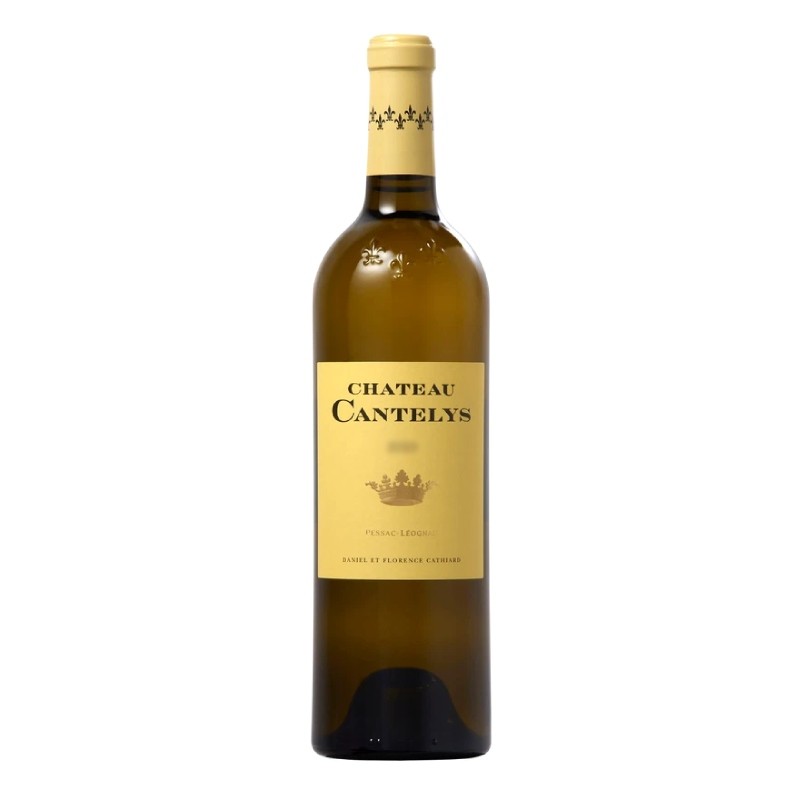 bouteille de vin blanc Fleur de Cantelys Pessac Léognan avec étiquette élégante sur fond clair