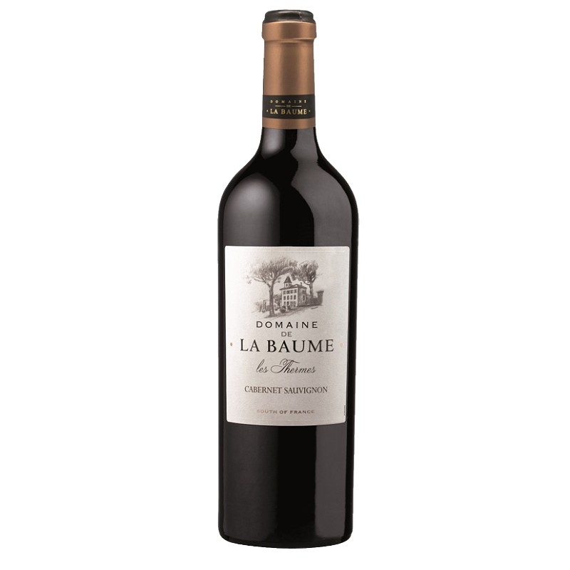 bouteille de vin rouge les thermes cabernet sauvignon pays d'oc avec robe rubis sombre
