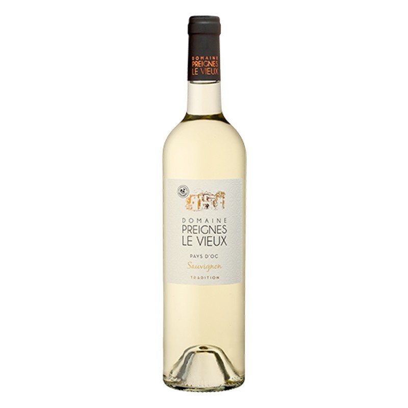 bouteille de vin blanc preignes tradition sauvignon pays d’oc, vin frais et aromatique du languedoc