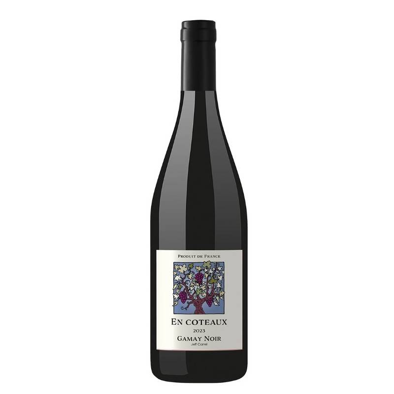 Bouteille de vin En Coteaux Gamay rouge 100% Gamay Jeff Carrel sur sol granitique, vin fruité et épicé