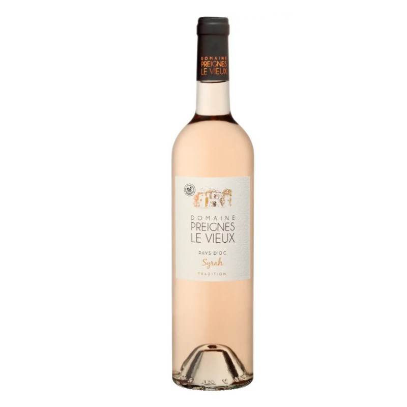 bouteille de vin rosé Preignes Tradition Syrah rosé Pays d’Oc à la robe fuchsia brillante